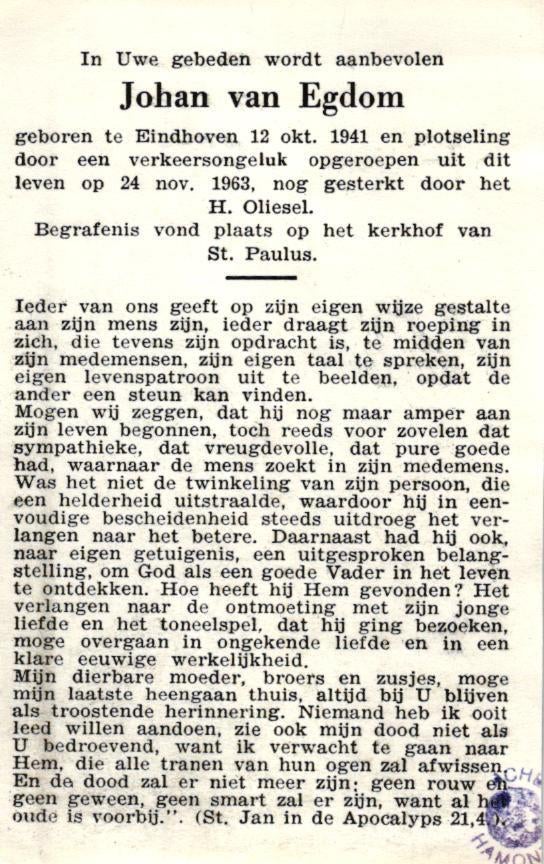 Egdom van Johan 1941-1963 Eindhoven, Ophalen of Verzenden