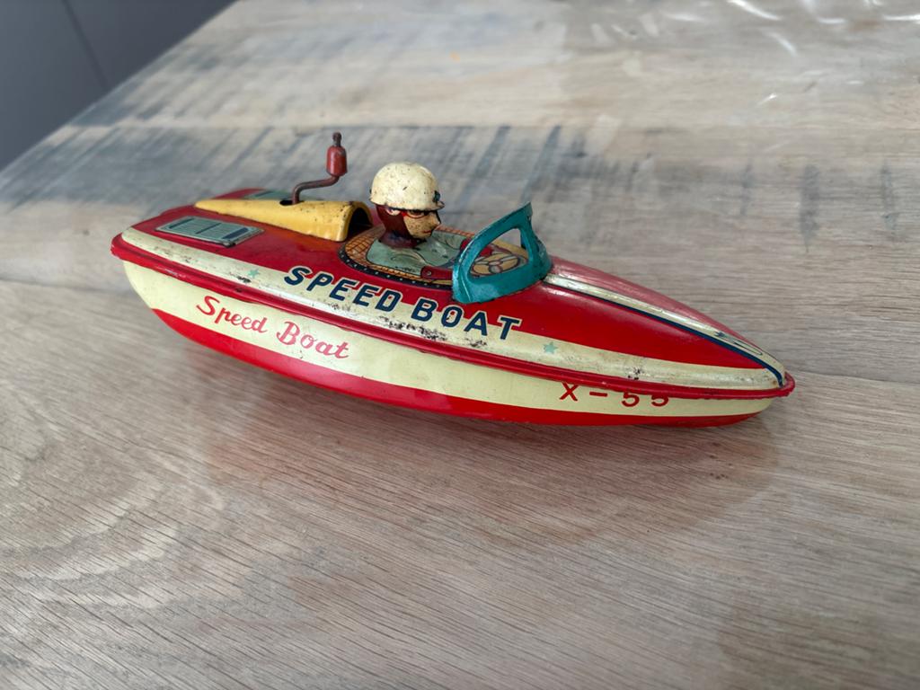 Vintage Blikken Speedboot X-55 met Bestuurder - Made in Japa, Antiek en Kunst, Ophalen of Verzenden