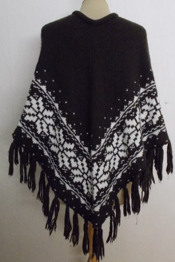 Donkerbruin/wit hippie/Noors/Inca/Peru/folklore poncho! L, Verzenden, Zo goed als nieuw, Maat 42/44 (L), Bruin