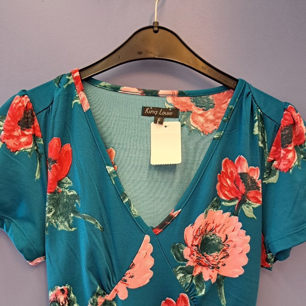 King Louie zee blauwe jurk met fuchsia bloemen maat S 49397, Blauw, ., Ophalen of Verzenden, Zo goed als nieuw