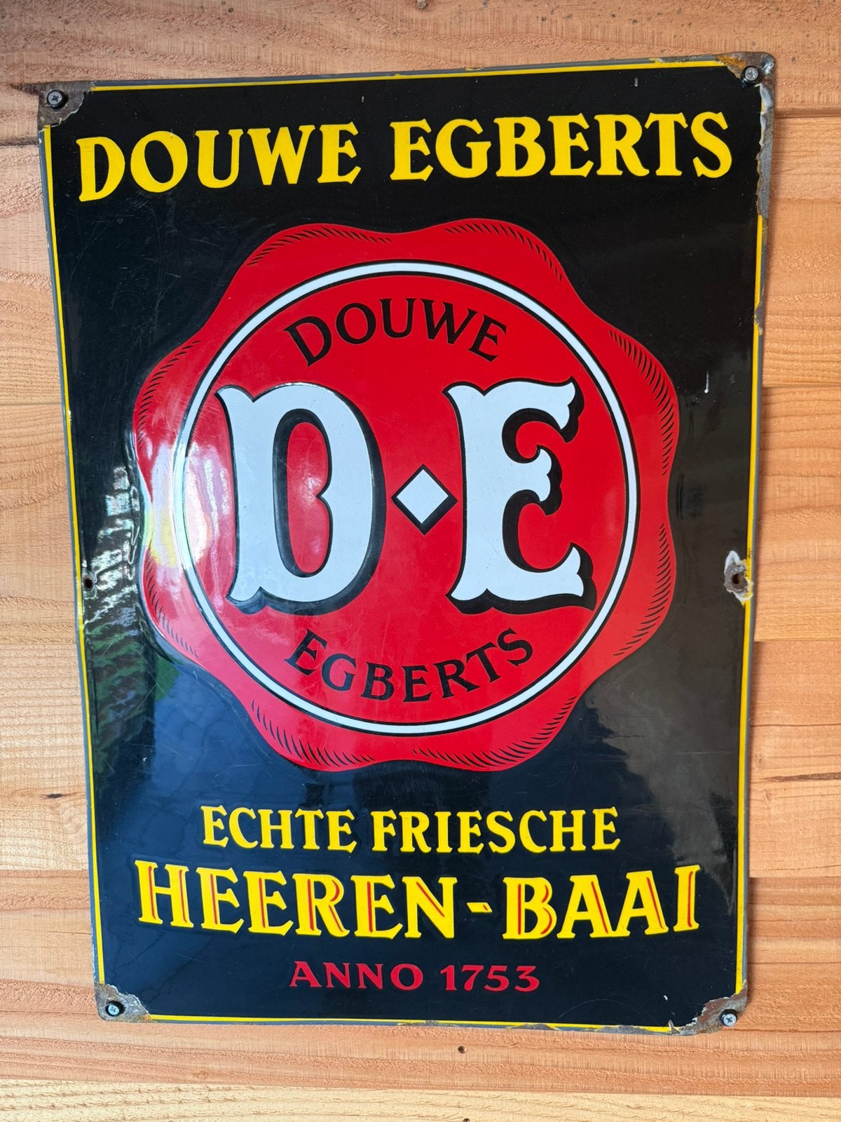 Emaille Douwe Egberts bord echte friese heeren-baai, Verzamelen, Ophalen, Gebruikt, Reclamebord