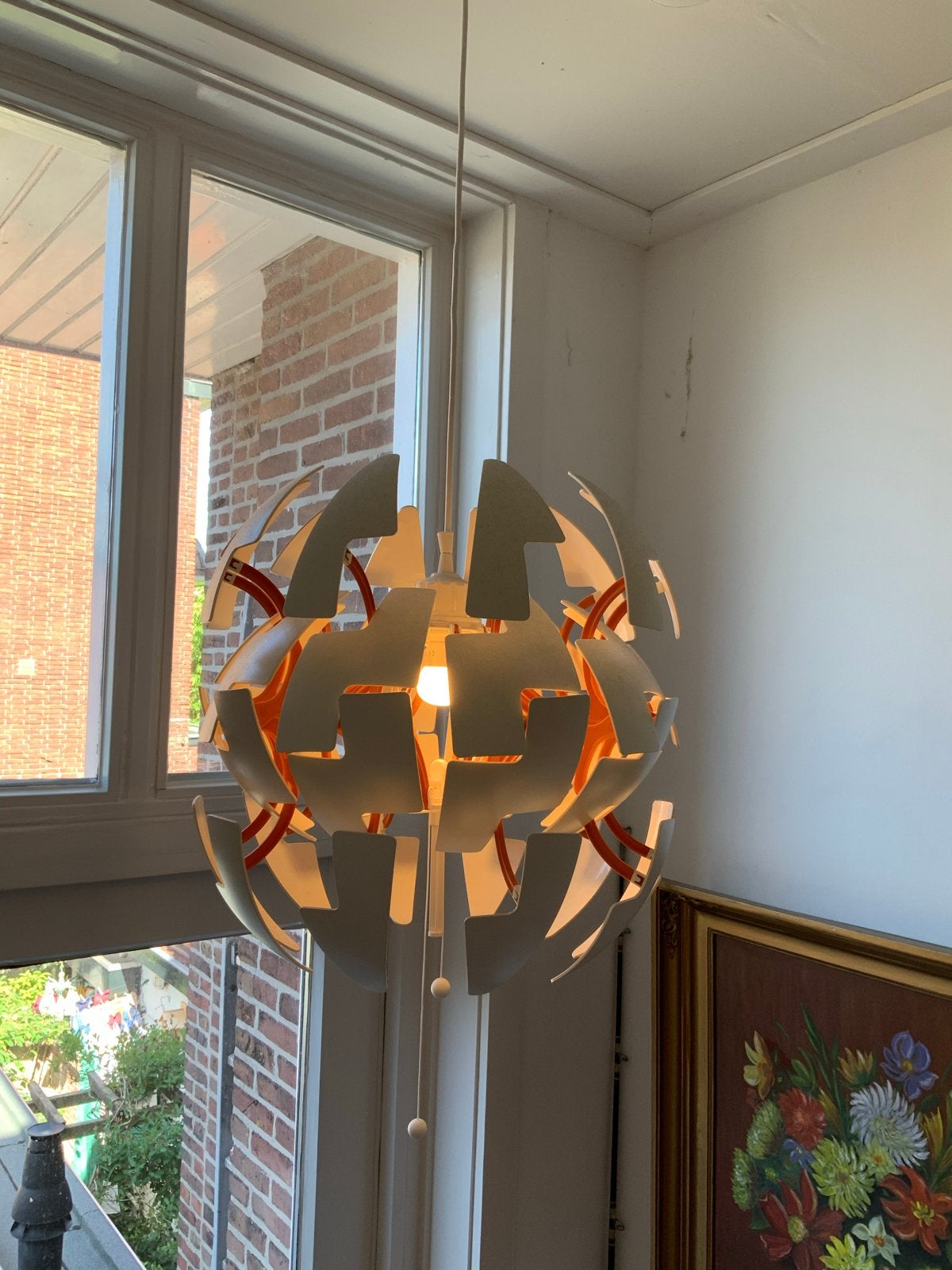 IKEA PS2014 hanglamp wit met oranje frame, Ophalen of Verzenden, Gebruikt, Kunststof, E27 (groot)