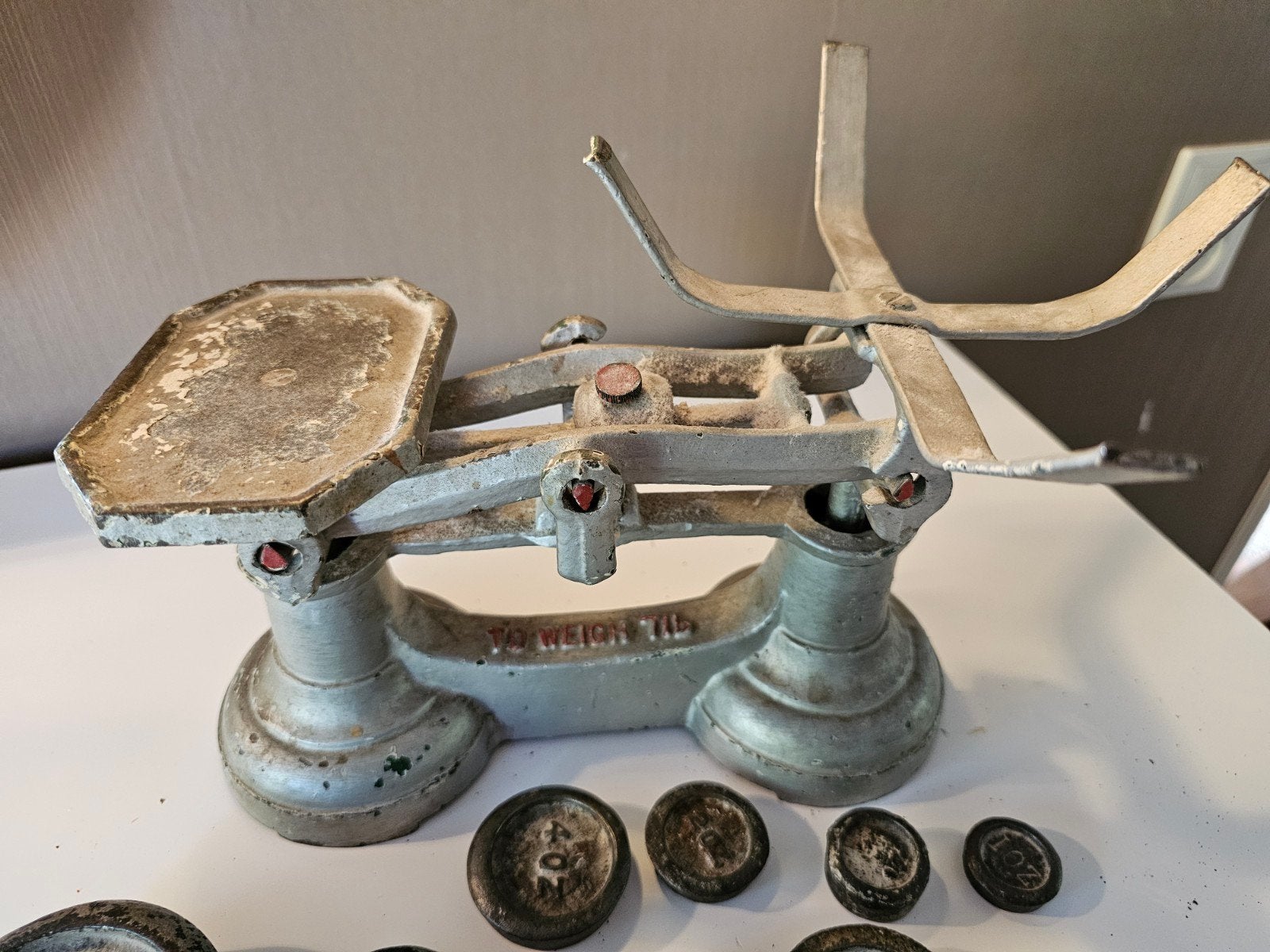 Antieke Engelse gietijzeren balansweegschaal 7LB + oude gewi, Ophalen of Verzenden
