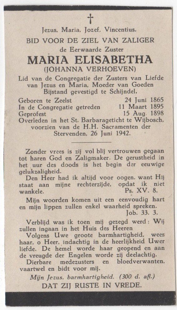 zr. Johanna Verhoeven 1865 Zeelst + 1942 Wijbosch/Schijndel, Verzenden