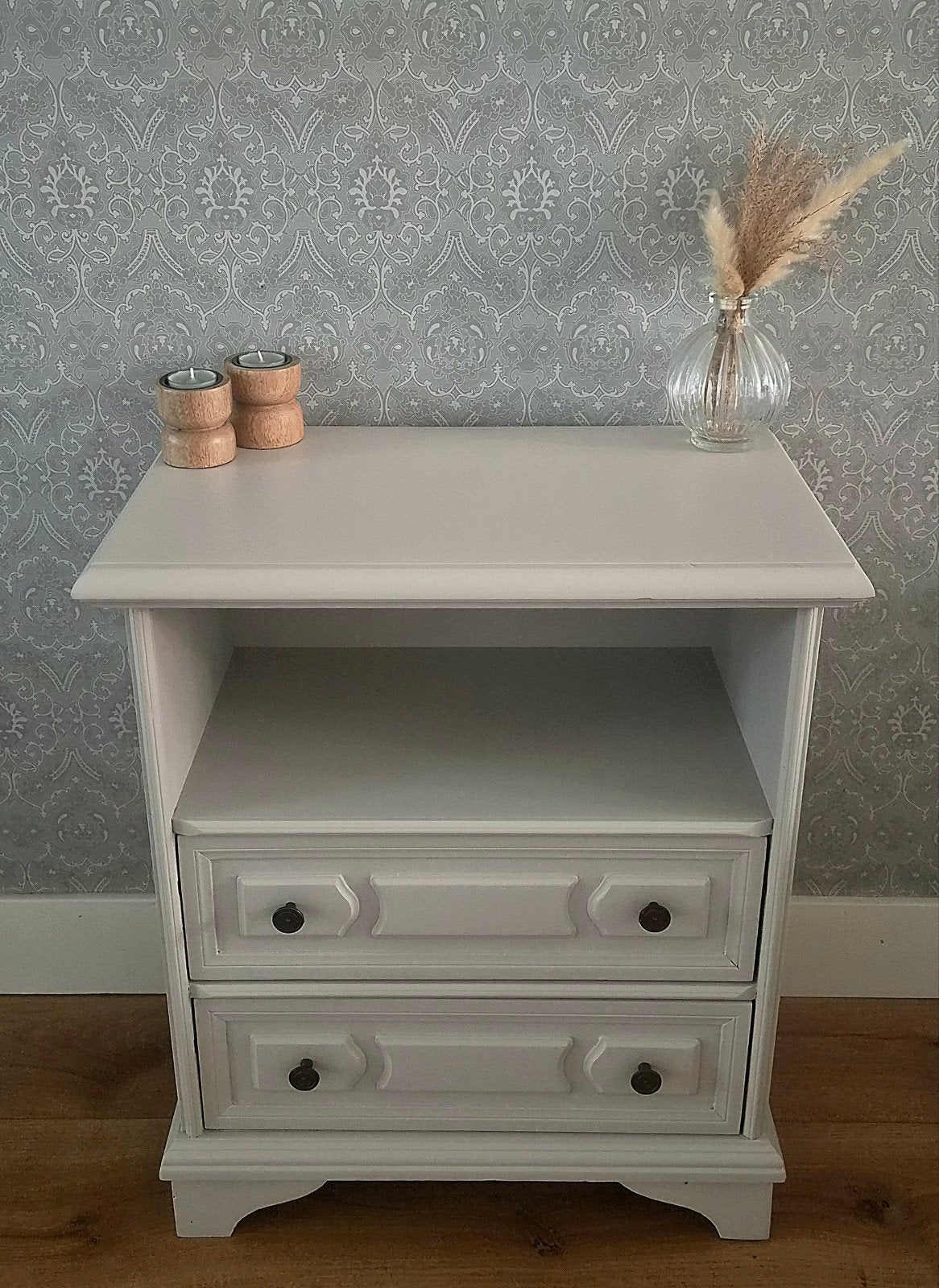 Vintage beige ladekastje/nachtkastje - volledig opgeknapt, Ophalen, 1 of 2 laden, 50 tot 100 cm, Minder dan 100 cm