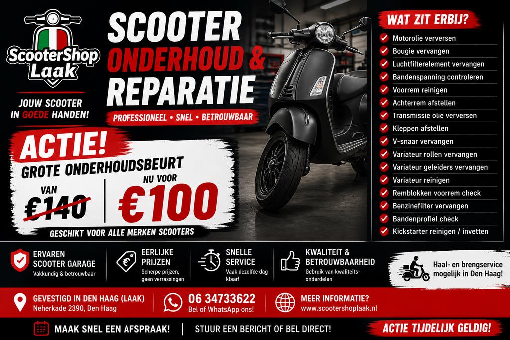 Scooter onderhoud & reparatie – ACTIE €100, Ophalen