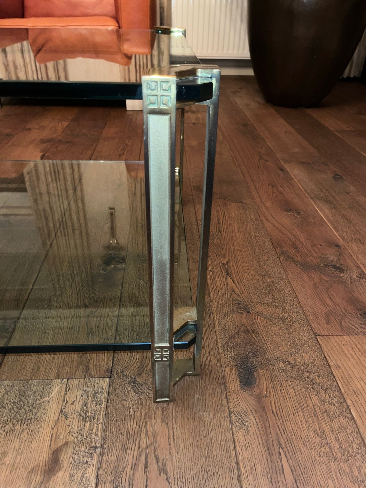 DAVID MARSHALL Glazen salontafel met metalen frame, Ophalen, Gebruikt, 100 tot 150 cm, 50 tot 100 cm