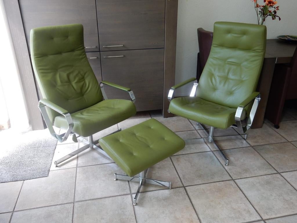 Montel groene leren fauteuils chroom met hocker, Ophalen, Gebruikt, 50 tot 75 cm, Leer
