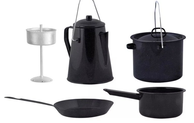 Nieuw! Fancy Flames Emaille Kampvuur Kookset - 4-delig, Ophalen of Verzenden, Nieuw