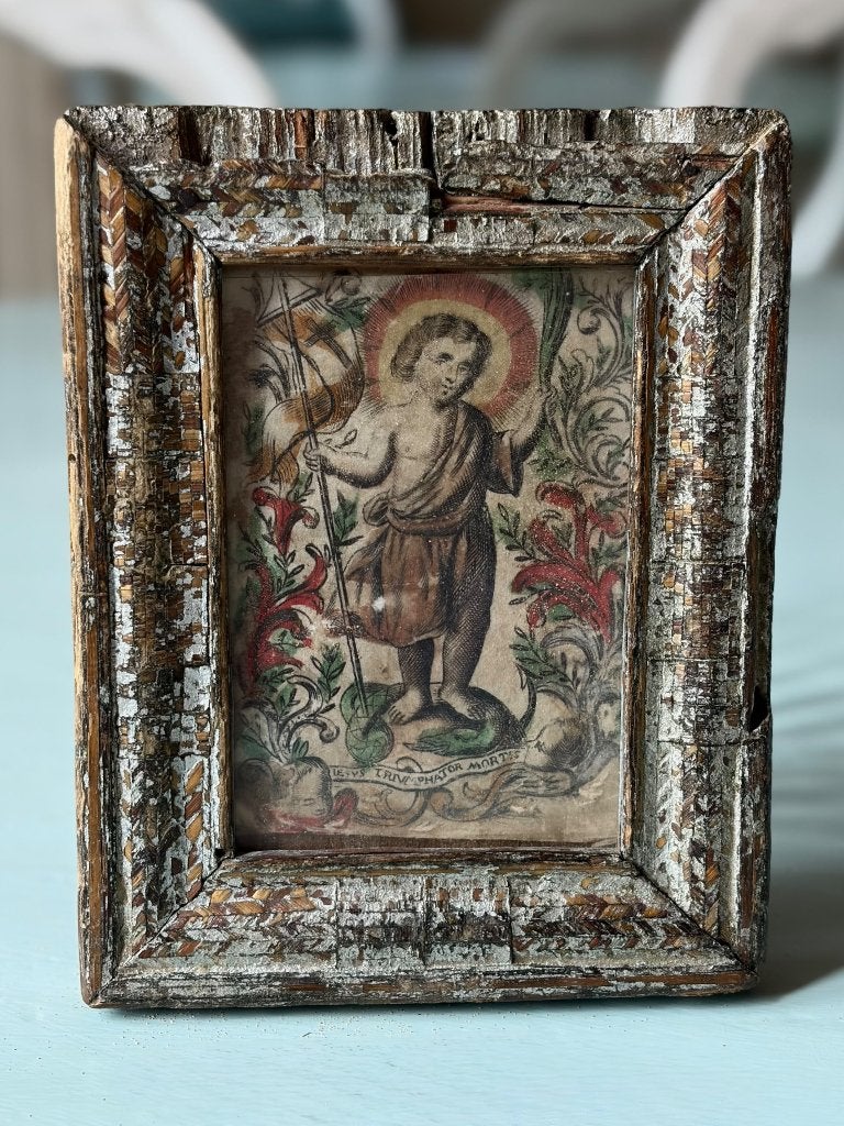 Handgekleurde gravure Jezus in oud klein lijstje, 18e eeuw, Verzenden