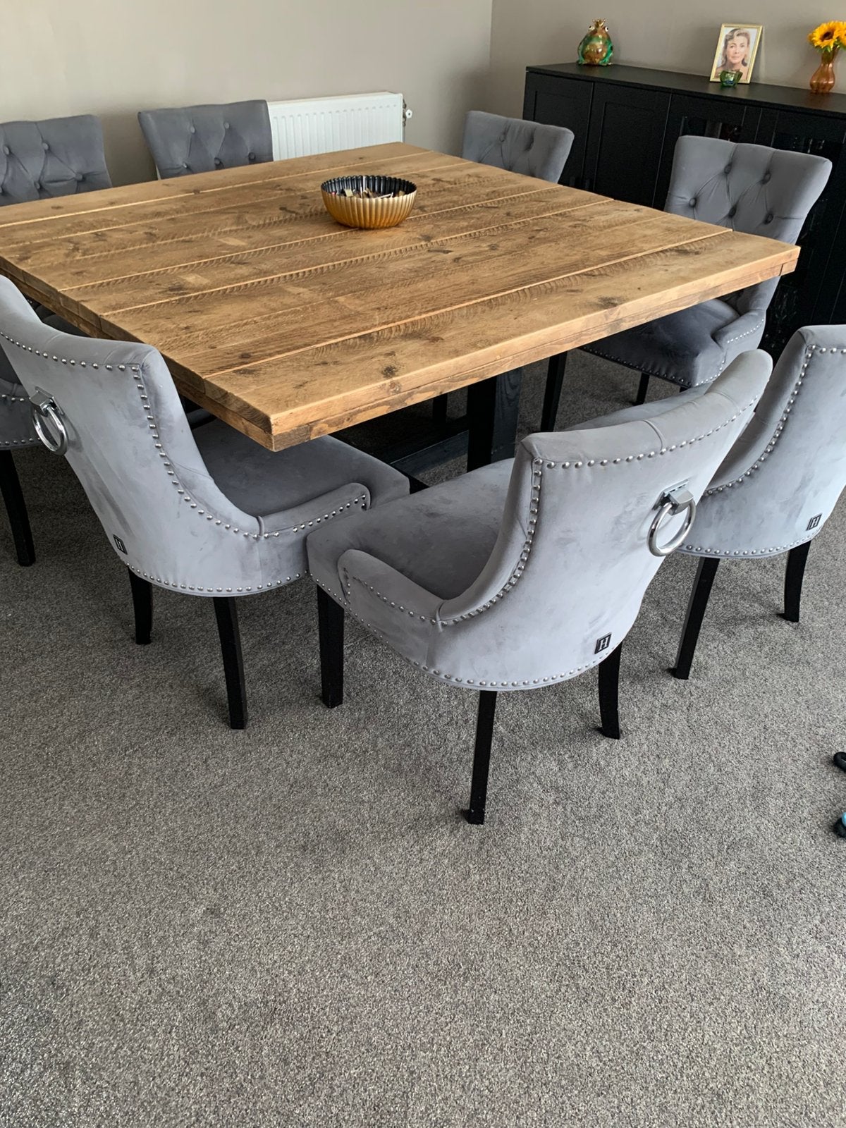 Eettafel met 8 stoelen, Gebruikt, Vierkant, Vijf personen of meer, 150 tot 200 cm