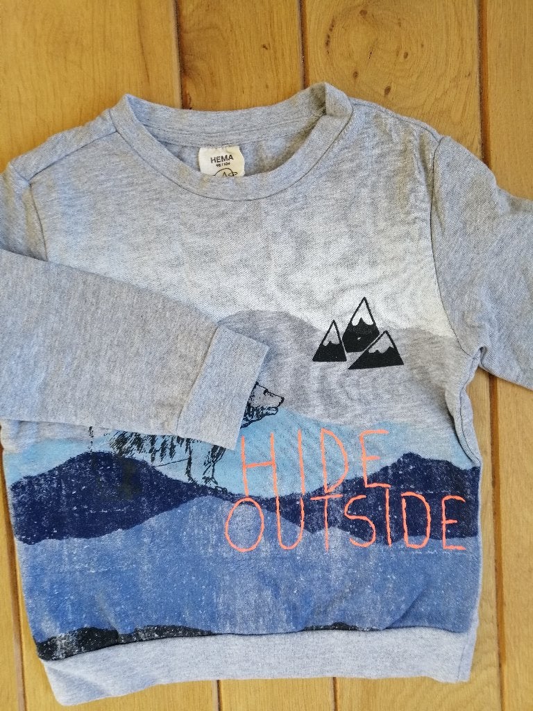 HEMA sweater licht grijs Mountain maat 98/104 - zgan -, Trui of Vest, Ophalen of Verzenden, Zo goed als nieuw, Hema
