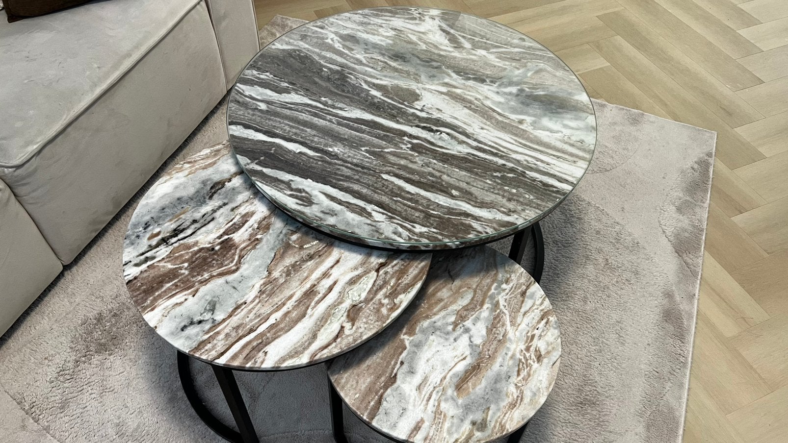 Salontafel set van 3 / marmer / 75 cm + glas, Ophalen, Marmer, 50 tot 100 cm, Rond