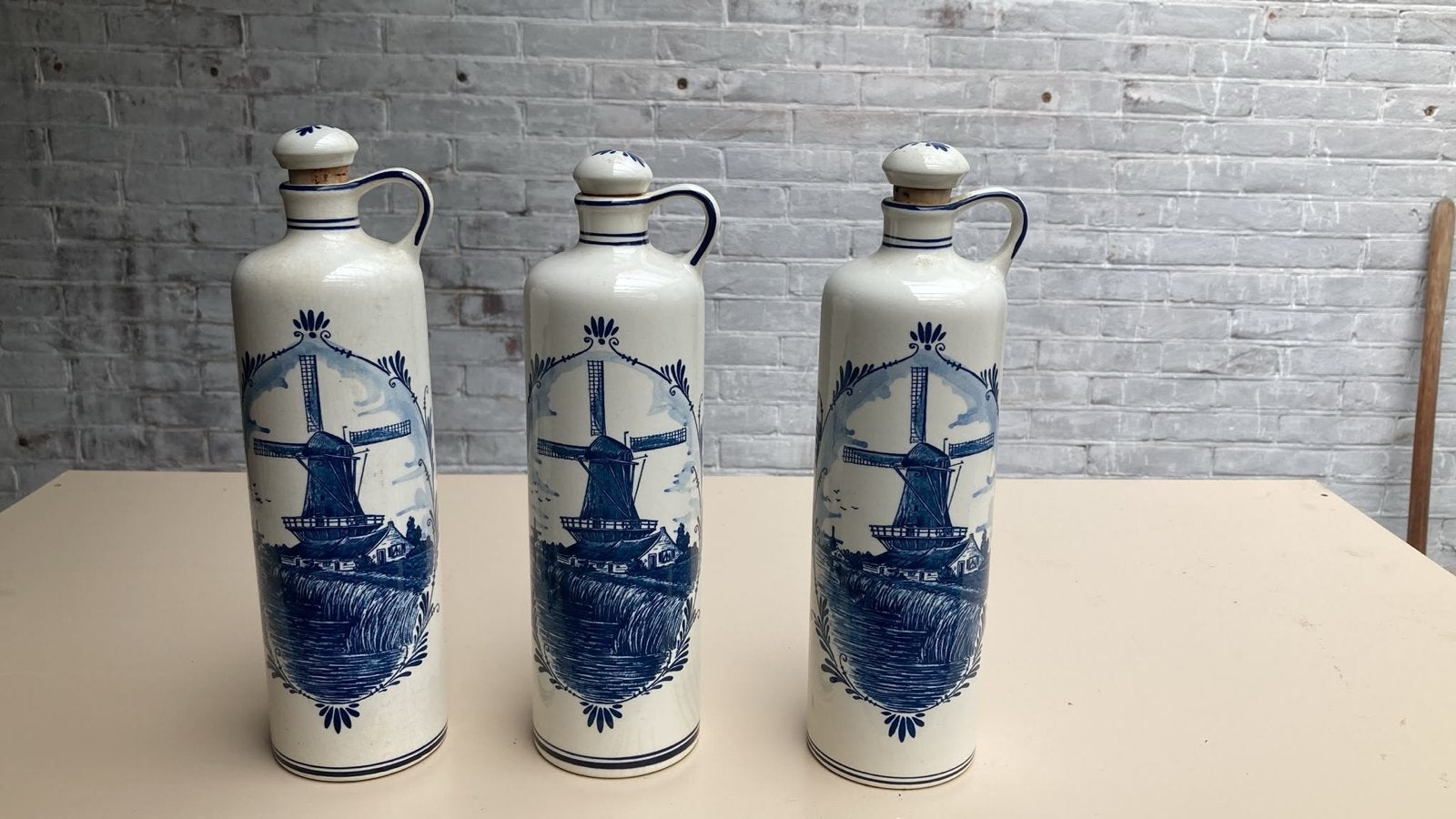 Set van 3 Vintage Bols Jenever Kruiken - Delfts Blauw Molen, Ophalen of Verzenden
