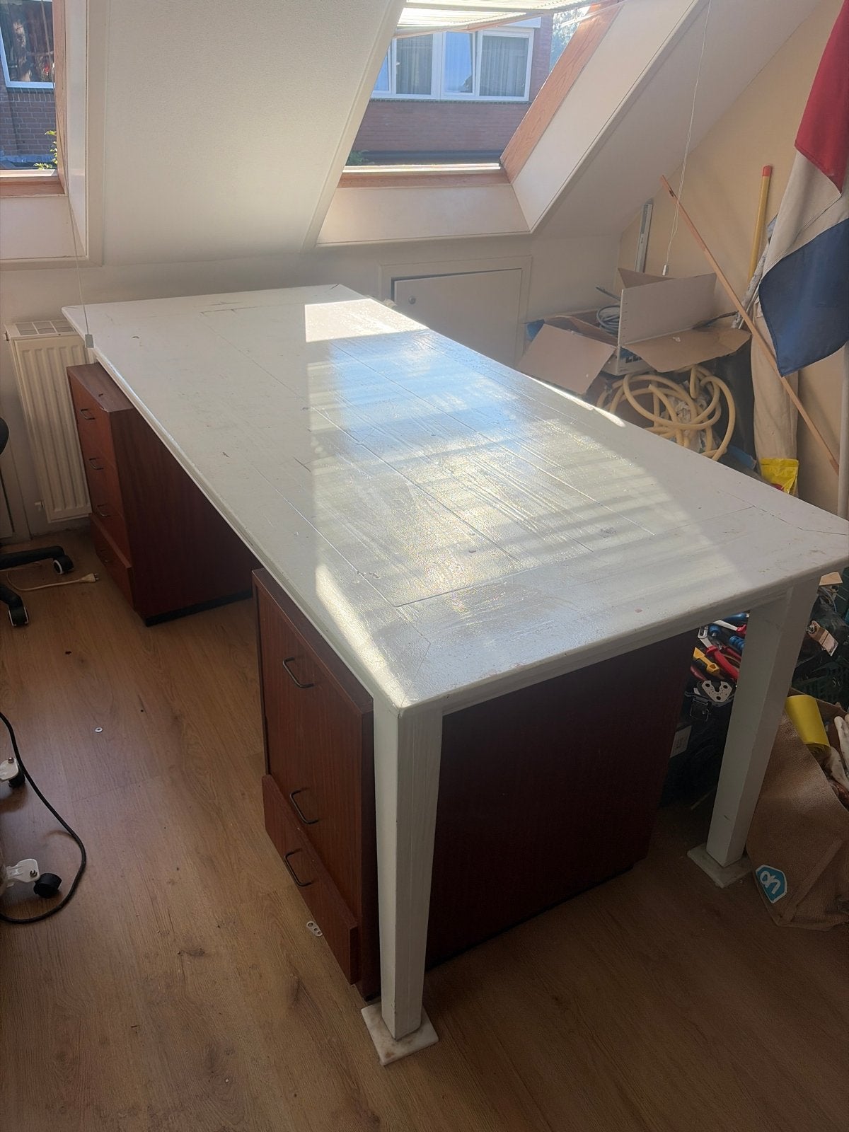 Witte houten vintage tafel 210x90 - werk- of eettafel, Ophalen, Gebruikt, 200 cm of meer, 50 tot 100 cm