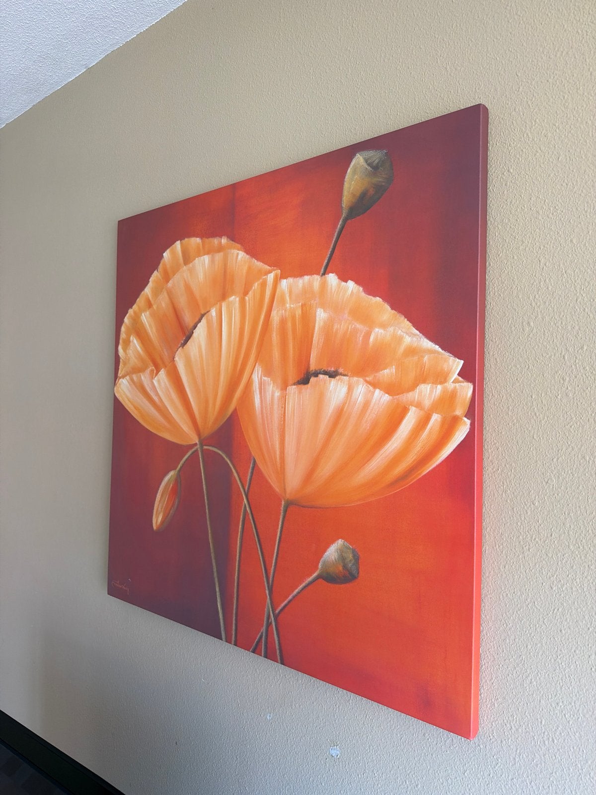 Schilderij met oranje klaprozen, Antiek en Kunst, Kunst | Schilderijen | Klassiek, Doek, Realistisch, Handgeschilderd, Olieverf
