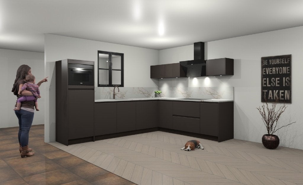 Showkeuken nr.1: Moderne greeploze keuken in Brown metal, Ophalen, Overige materialen, Bruin, Nieuw
