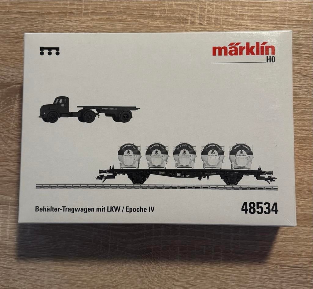 Märklin 48534 Behalter-Tragwagen met LKW / Epoche IV, Wisselstroom, Ophalen of Verzenden, Märklin, Nieuw