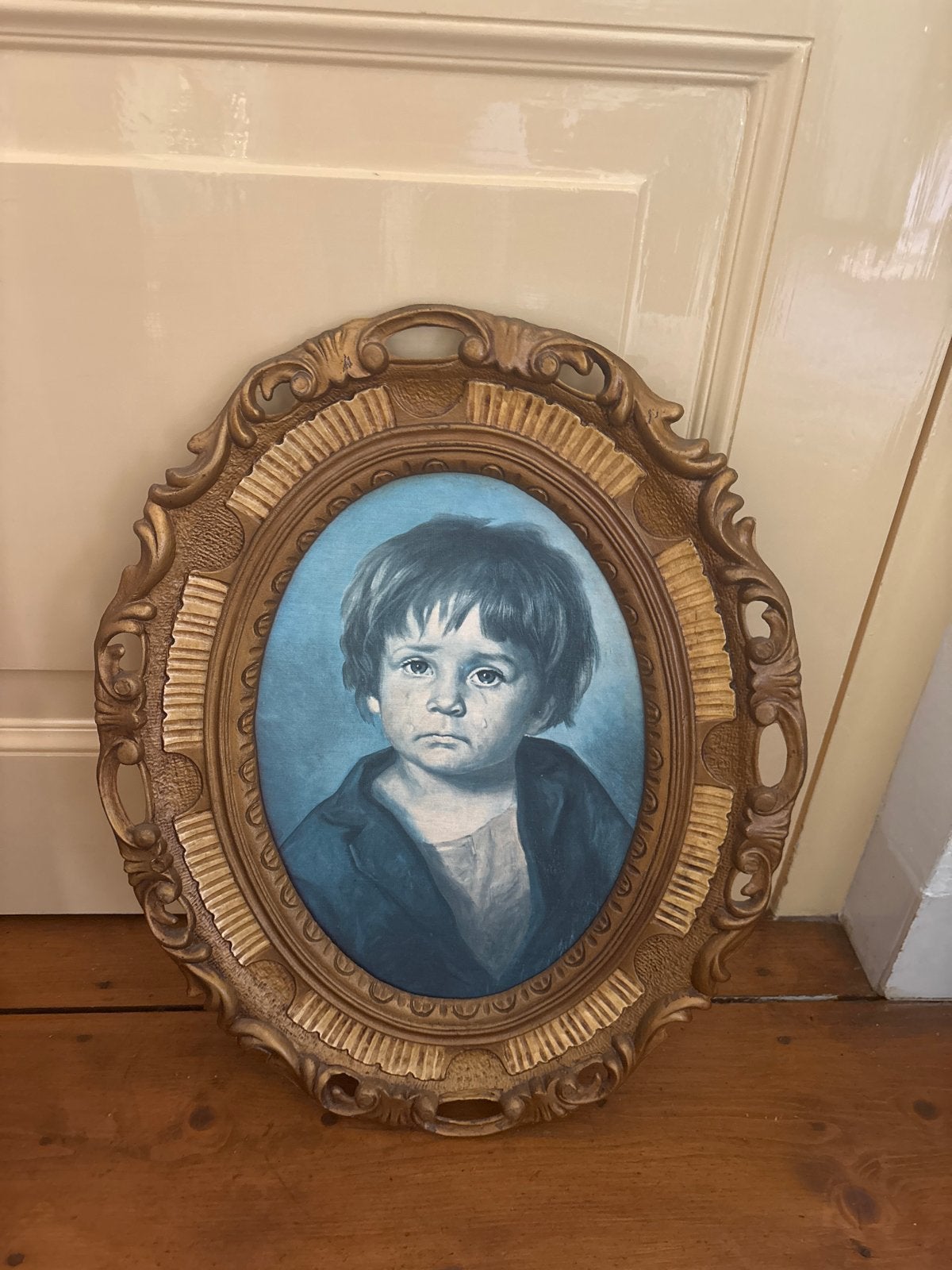 Vintage Schilderij 'De Huilende Jongen' in Ovale Lijst, Antiek en Kunst, Kunst | Schilderijen | Klassiek, Ophalen, Paneel, Portret of Personen