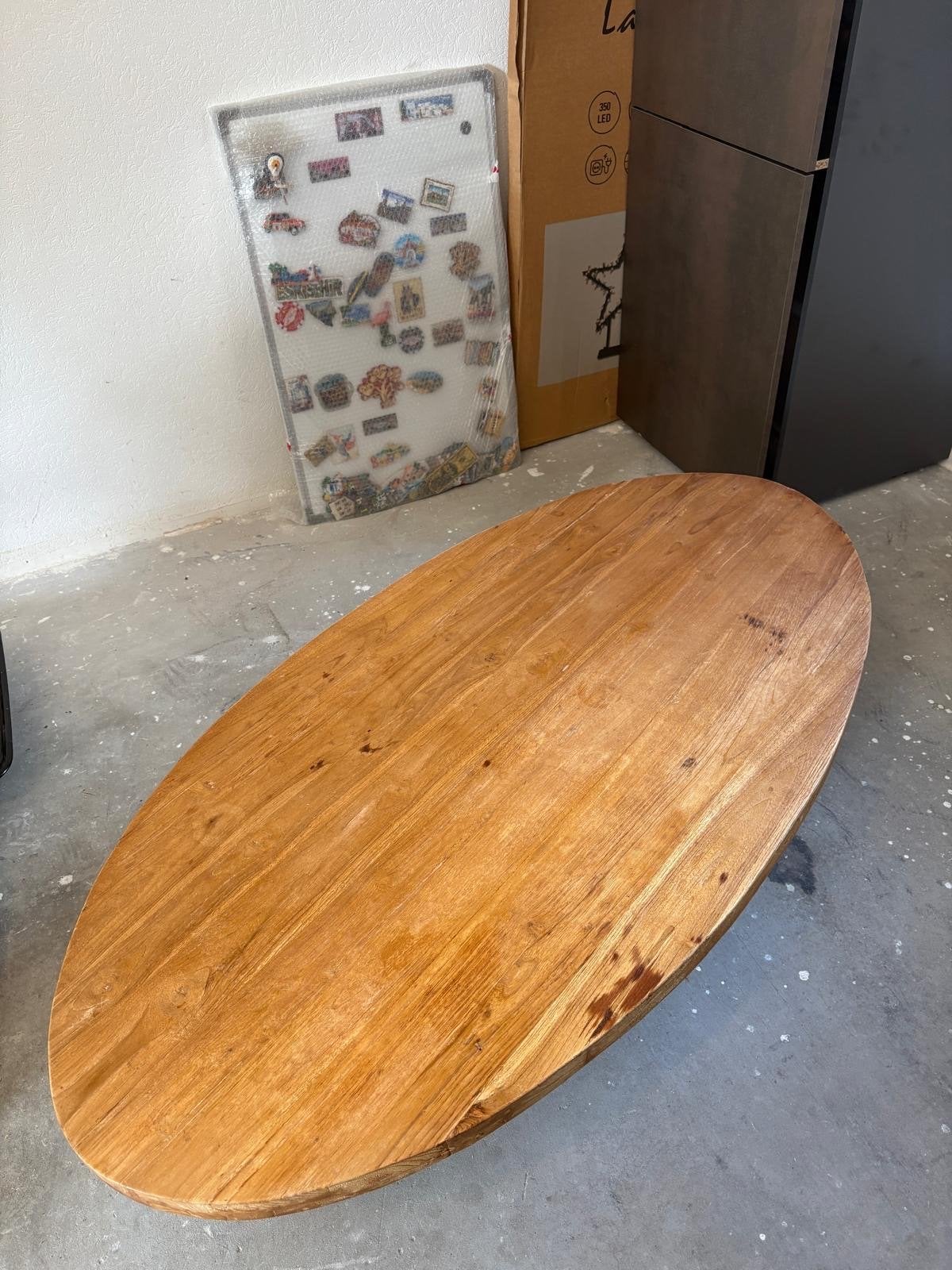 Ovale houten salontafel met metalen onderstel, Huis en Inrichting, Tafels | Salontafels, Ophalen, Gebruikt, 100 tot 150 cm, 50 tot 100 cm