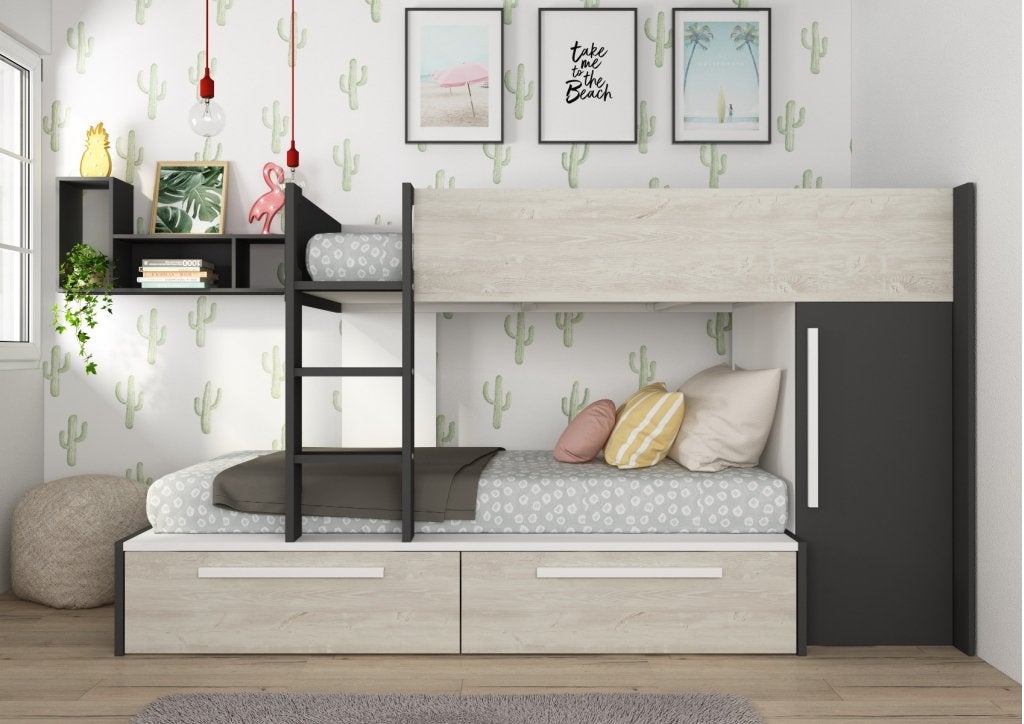 Jules stapelbed met kast en lades - 90x200 - Antraciet, Niet ingevuld, Niet ingevuld, Niet ingevuld