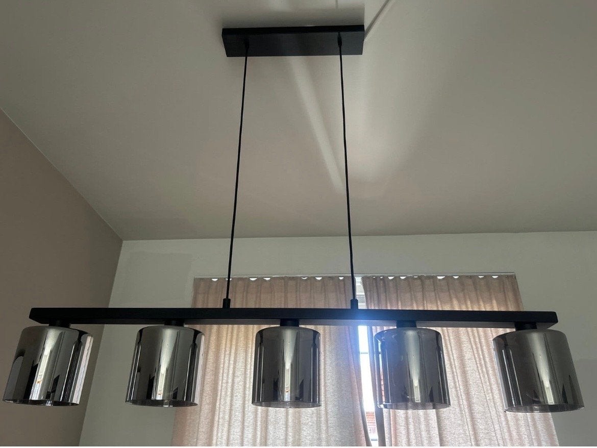 CADLEY Hanglamp Zwart met 5 Glazen Kappen E27, Ophalen, Zo goed als nieuw, Glas, E27 (groot)