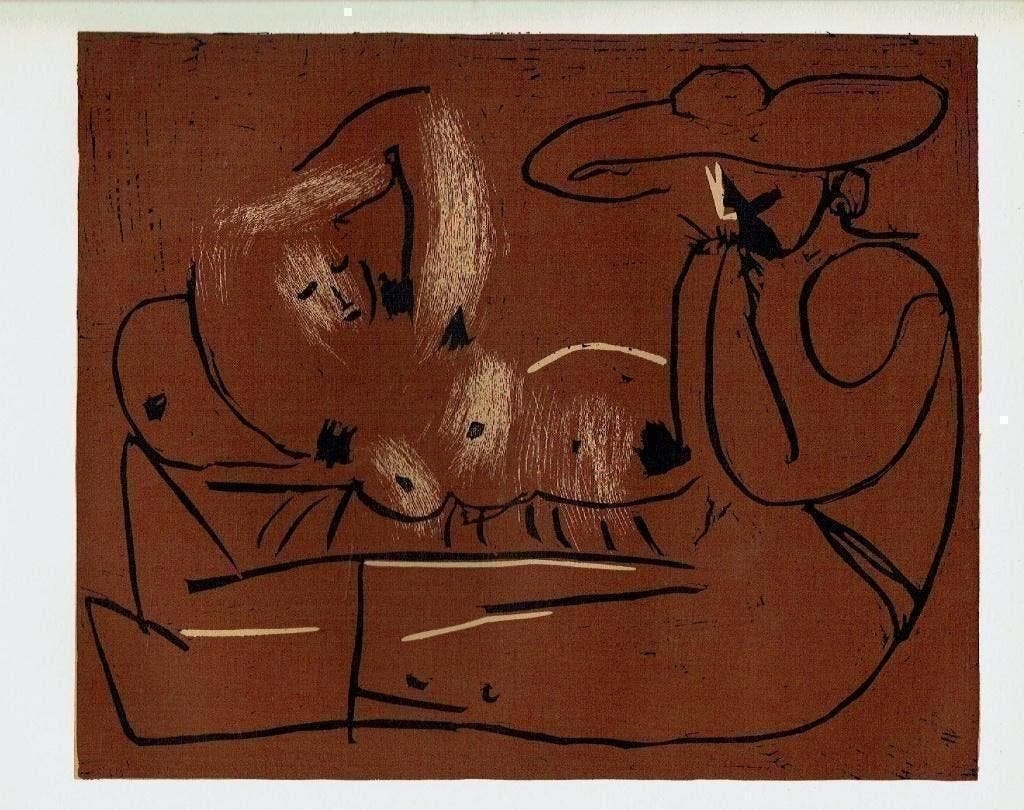 Picasso Reclining Woman and Picador Eating Grapes Linocut, Antiek en Kunst, Verzenden, Houtsnede