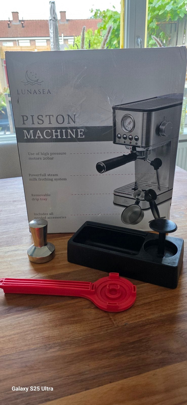 Piston koffie machine + toebehoren, Ophalen, Espresso apparaat, Nieuw, Gemalen koffie