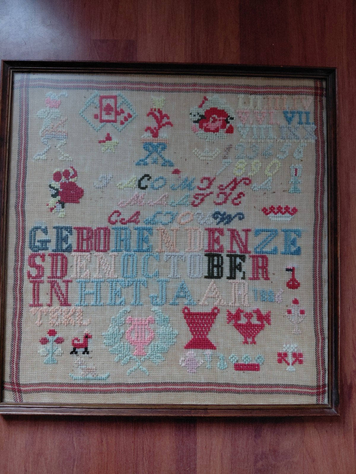 Antieke ingelijste merklap, handgeborduurd, 40x38 cm, Ophalen of Verzenden