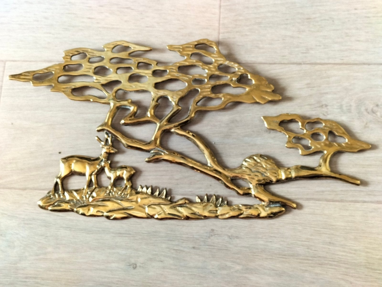 Vintage Mid Century messing wanddecoratie met herten en boom, Ophalen of Verzenden