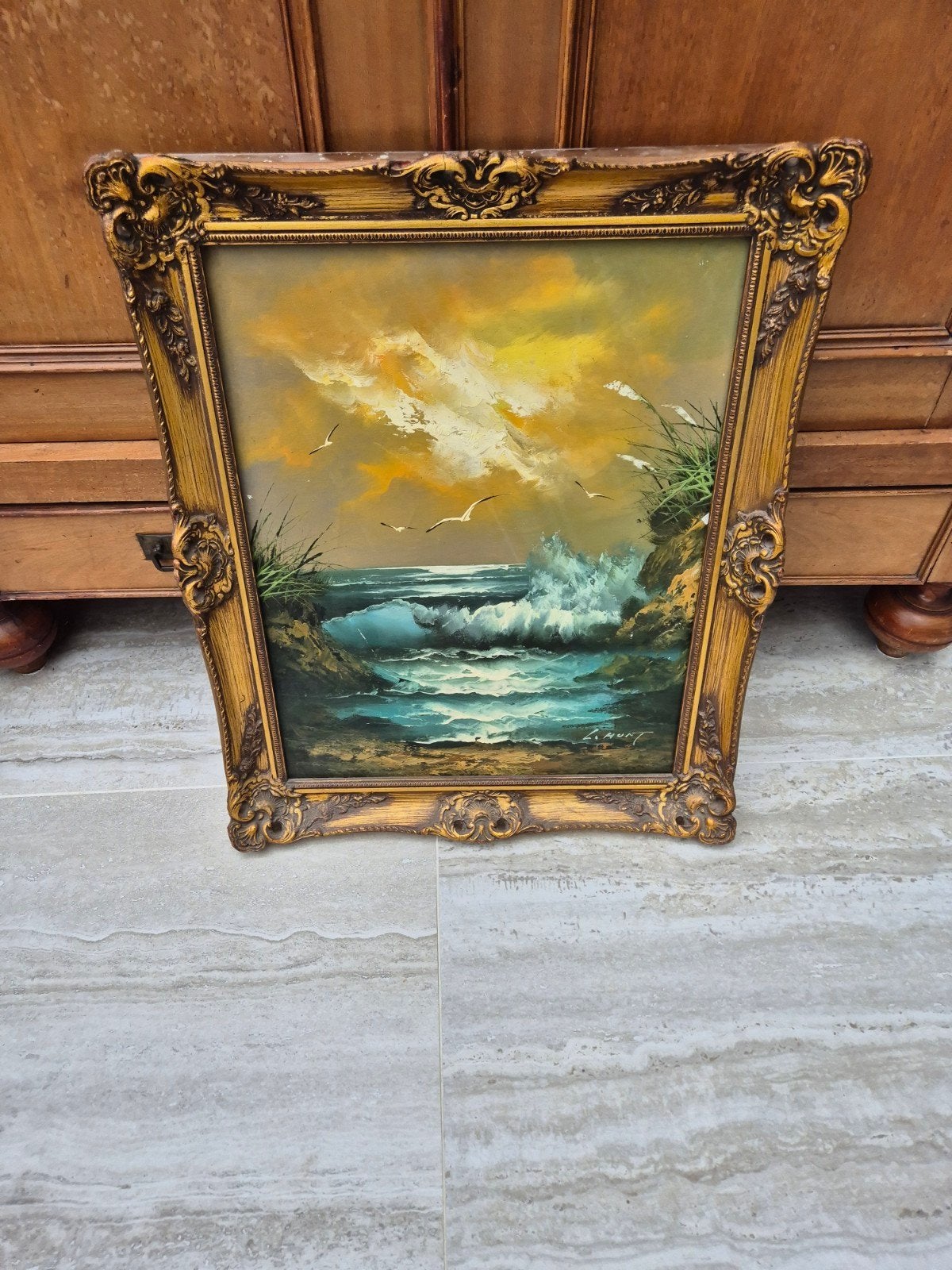 Schilderij van L. Hunt - Zeegezicht met golven en vogels, Maritiem / water, Doek, Realistisch, Ophalen of Verzenden