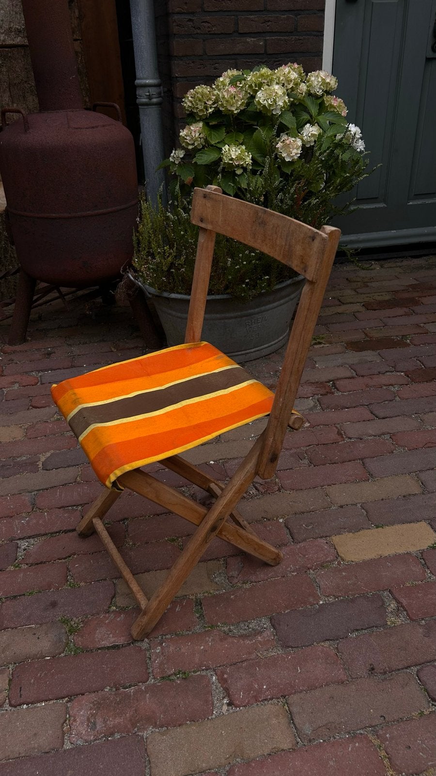 Vintage houten (kinder) klapstoel met gestreepte zitting, Ophalen of Verzenden