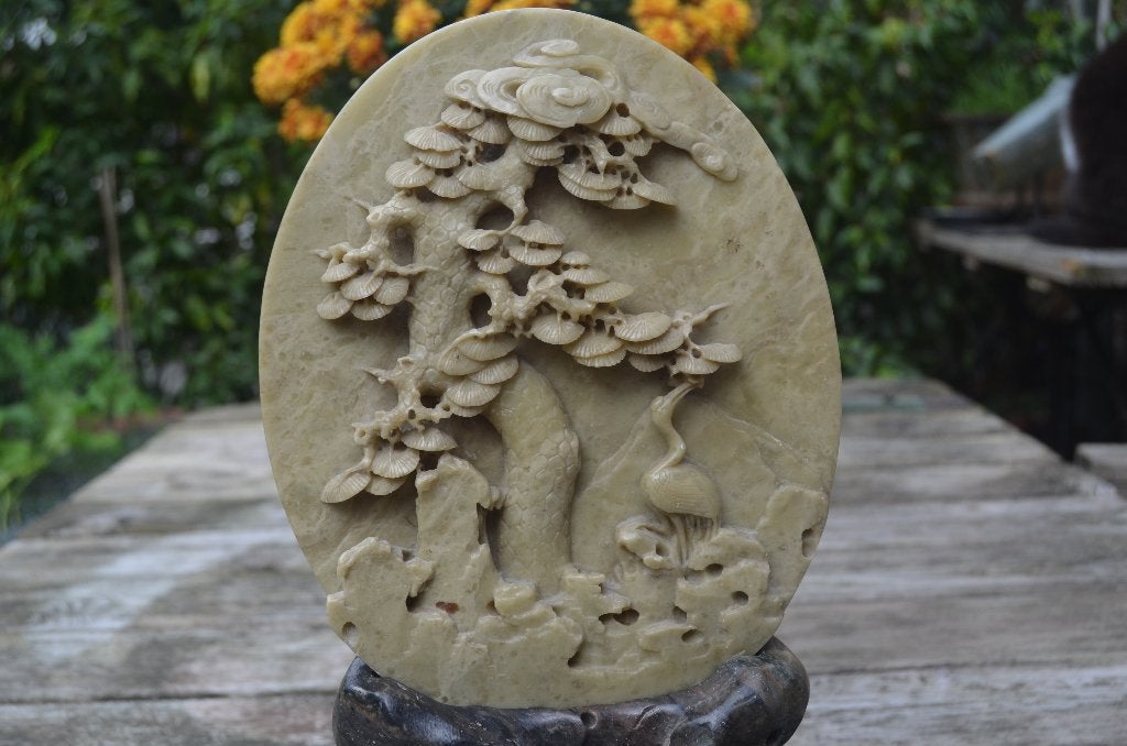 Spekstenen Chinese sculptuur boom en kraanvogel, Steen/keramiek, Overige typen, Gesneden, Ophalen of Verzenden