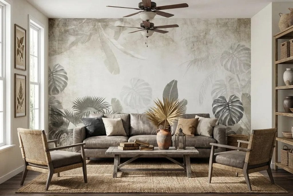 Botanisch behang – zachte bladsilhouetten in warm grijs, Bladeren, Natuurlijk, Overige merken, Beige