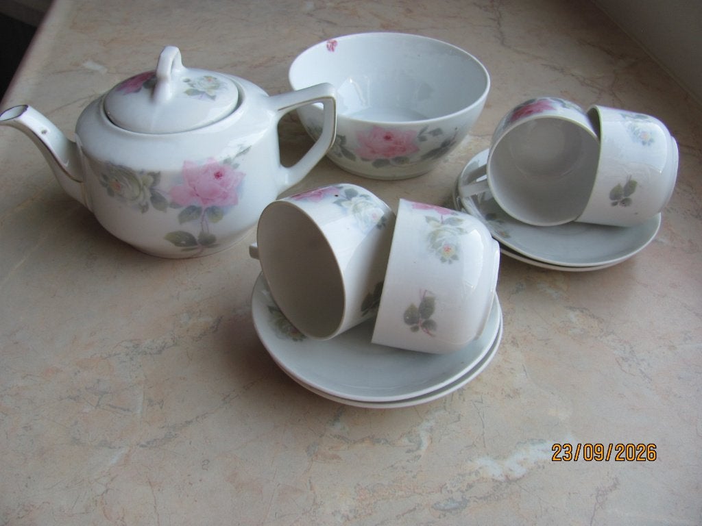 VINTAGE 11-delige THEESET porselein KOP + SCHOTEL roze ROZEN, Ophalen of Verzenden