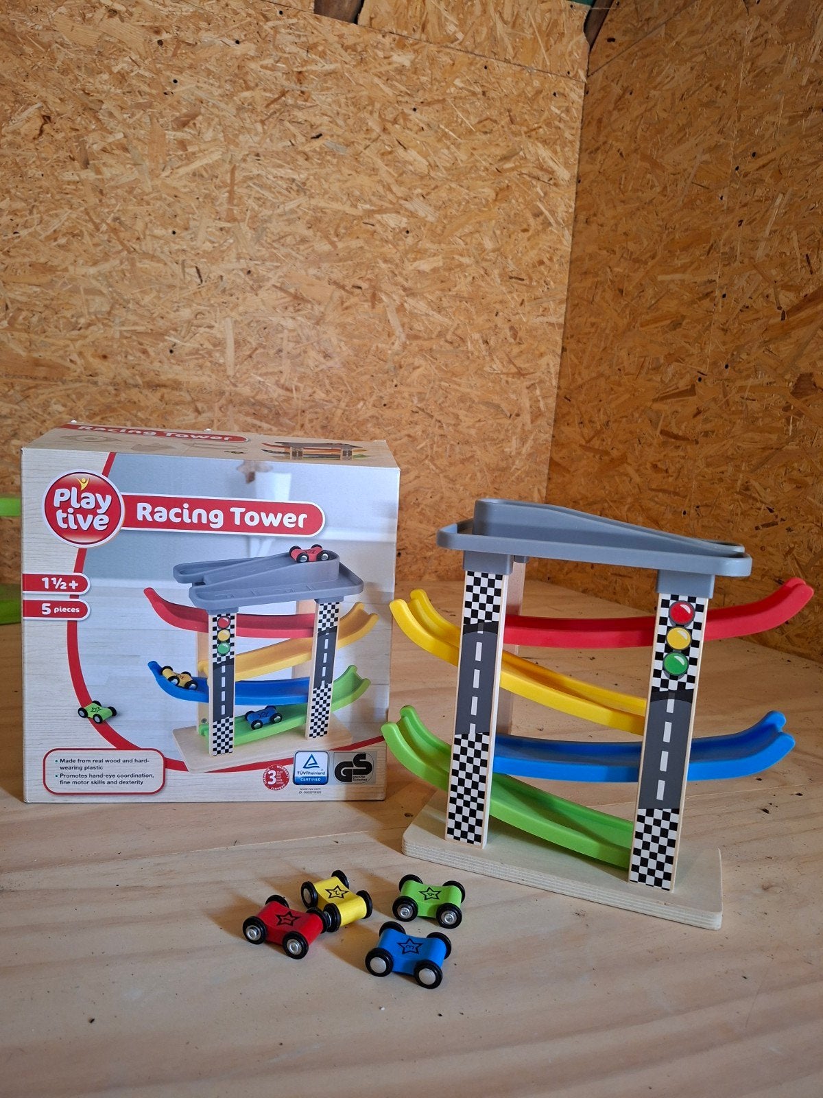 Sinterklaas - Playtive Houten Racebaan Toren met 4 Auto's, Ophalen of Verzenden, Zo goed als nieuw, Bouwen