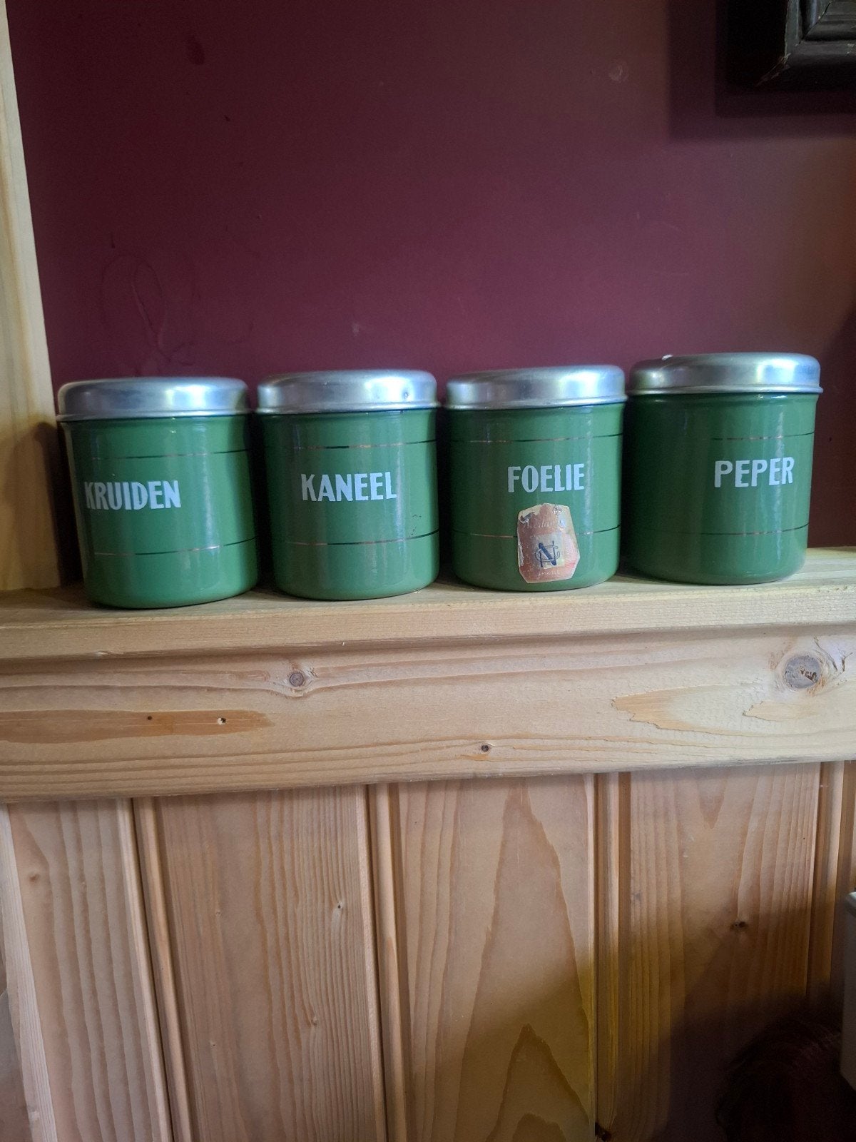Vintage voorraadpotten kruiden, kaneel, foelie, peper, Ophalen of Verzenden