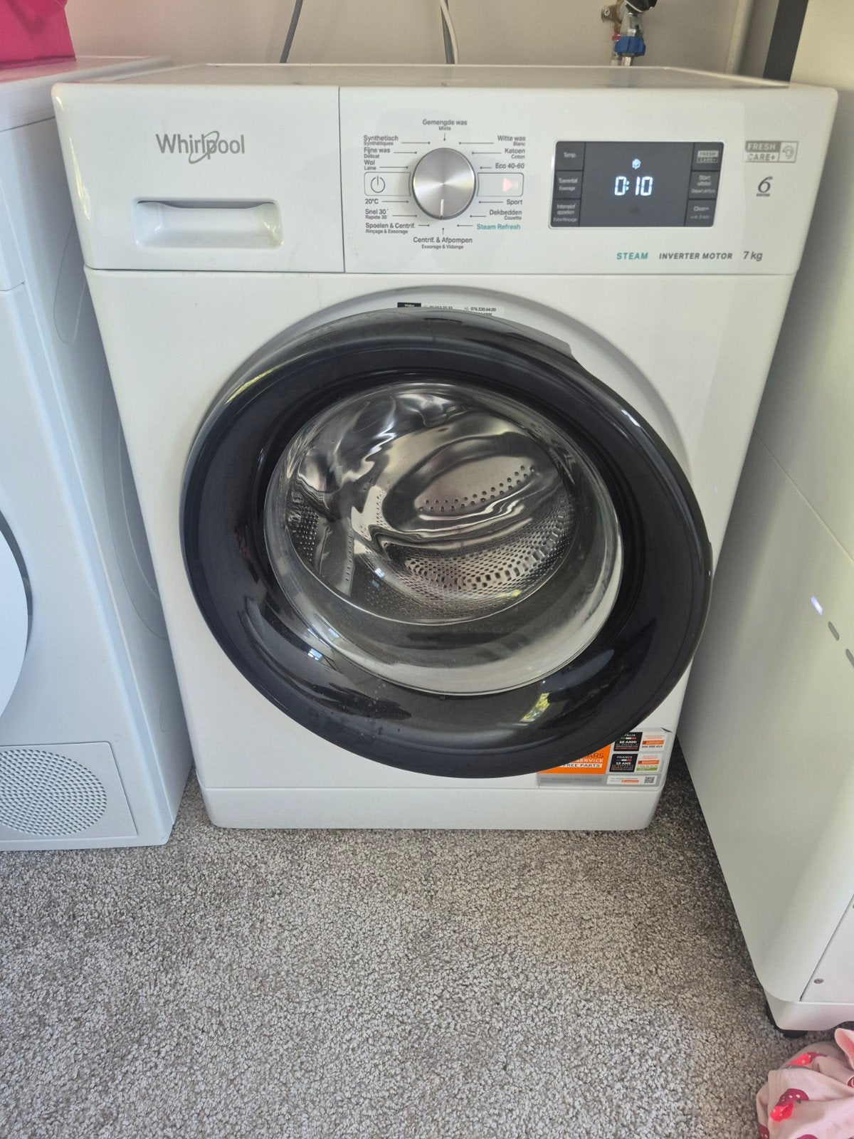 Whirlpool Wasmachine 7kg - Fresh Care Steam Inverter Motor, Ophalen, Zo goed als nieuw, Voorlader, Kort programma