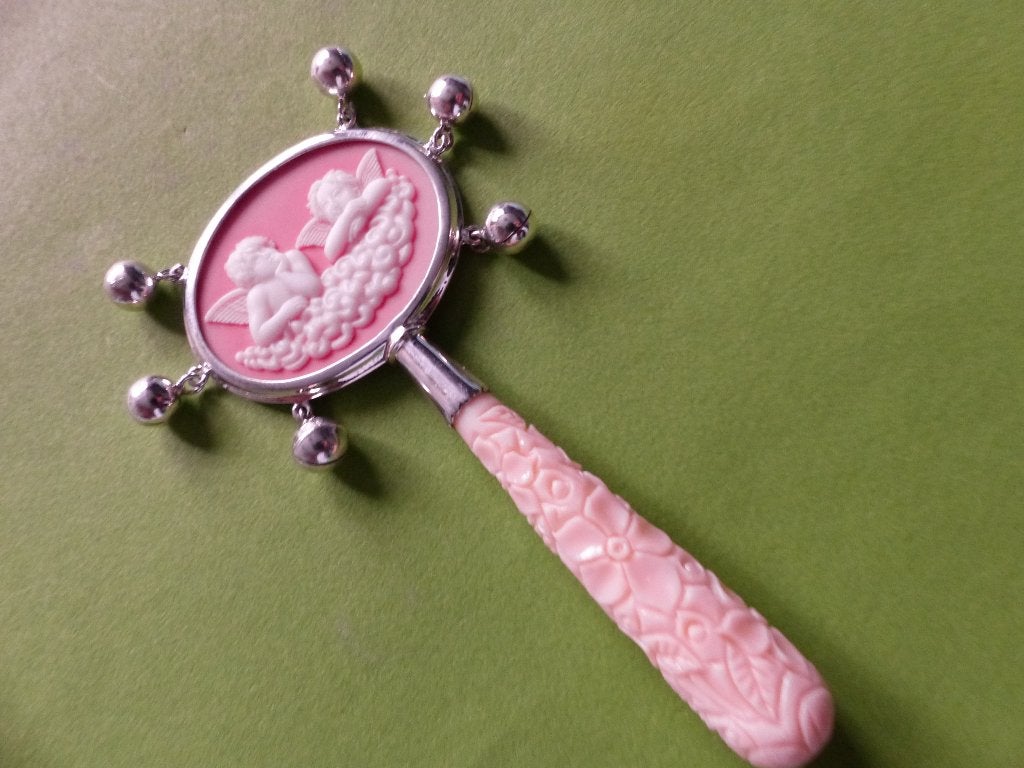 Mooie Zilveren Rammelaar - 2 Engeltjes op Wolk - rose achter, Verzenden