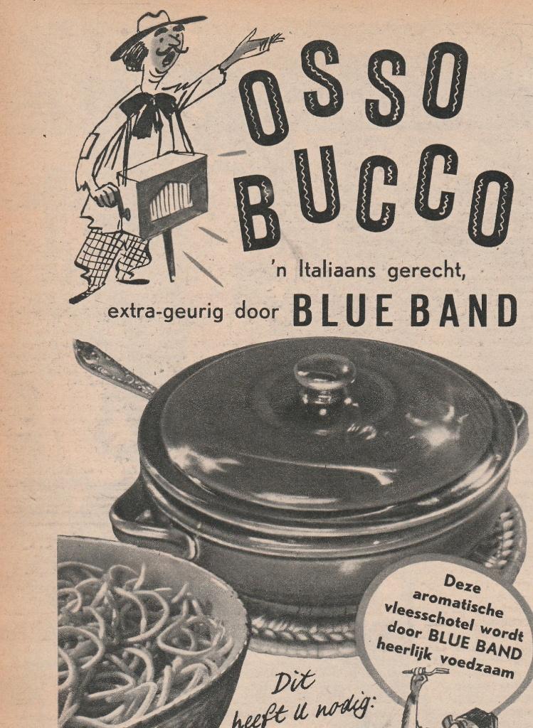 Retro reclame 1950 Blue Band Italiaanse gerecht Osso Bucco, Verzamelen, Retro, Overige typen, Verzenden