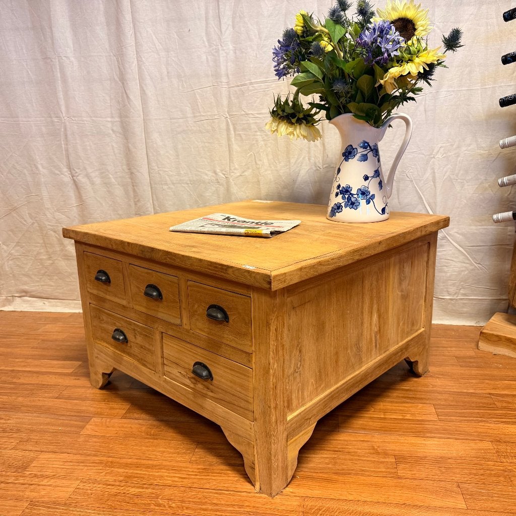 salontafel teak met 10 lades - 80 x 80 cm - Gratis bezorgd, TTM Wonen, Meubels – (Perzische) Tapijten en Woonaccessoires, 50 tot 100 cm