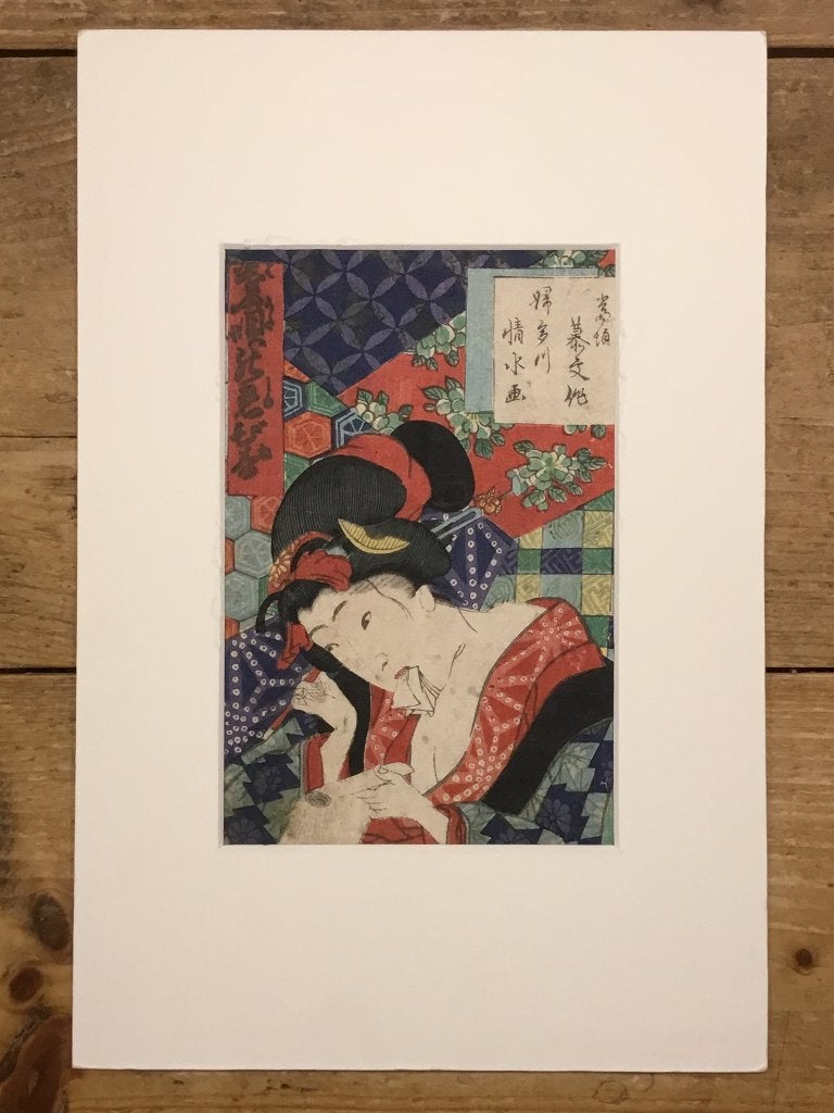 Antieke Japanse houtblok prent in passe-partout, Verzenden, Overige typen, Handgemaakt, Papier/karton