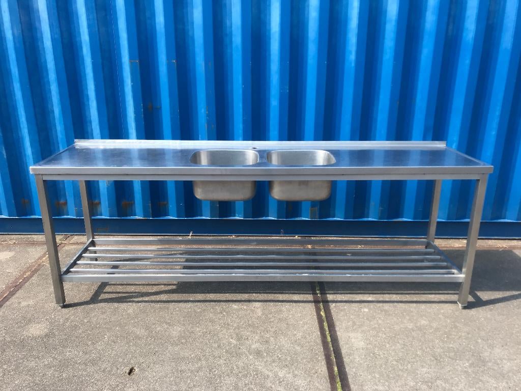 RVS dubbele spoelbak/ werktafel met rvs spijlen onderschap, Ophalen, Gebruikt, 170 cm of meer