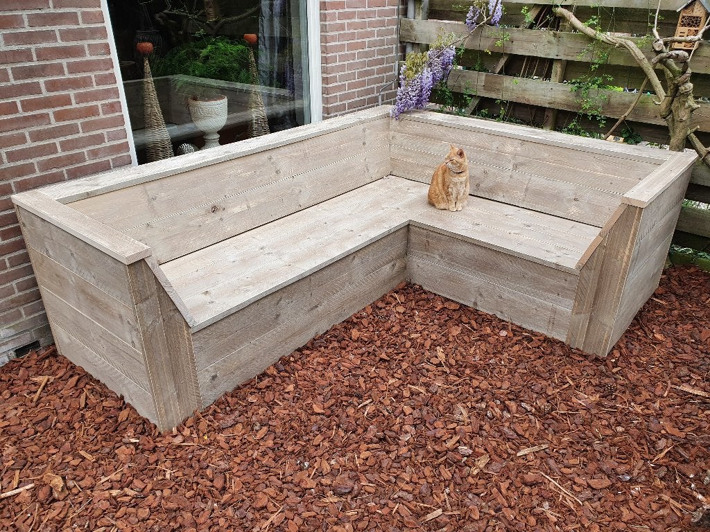 Unieke loungebank, complete loungeset van steigerhout, Ophalen, Nieuw, Hout