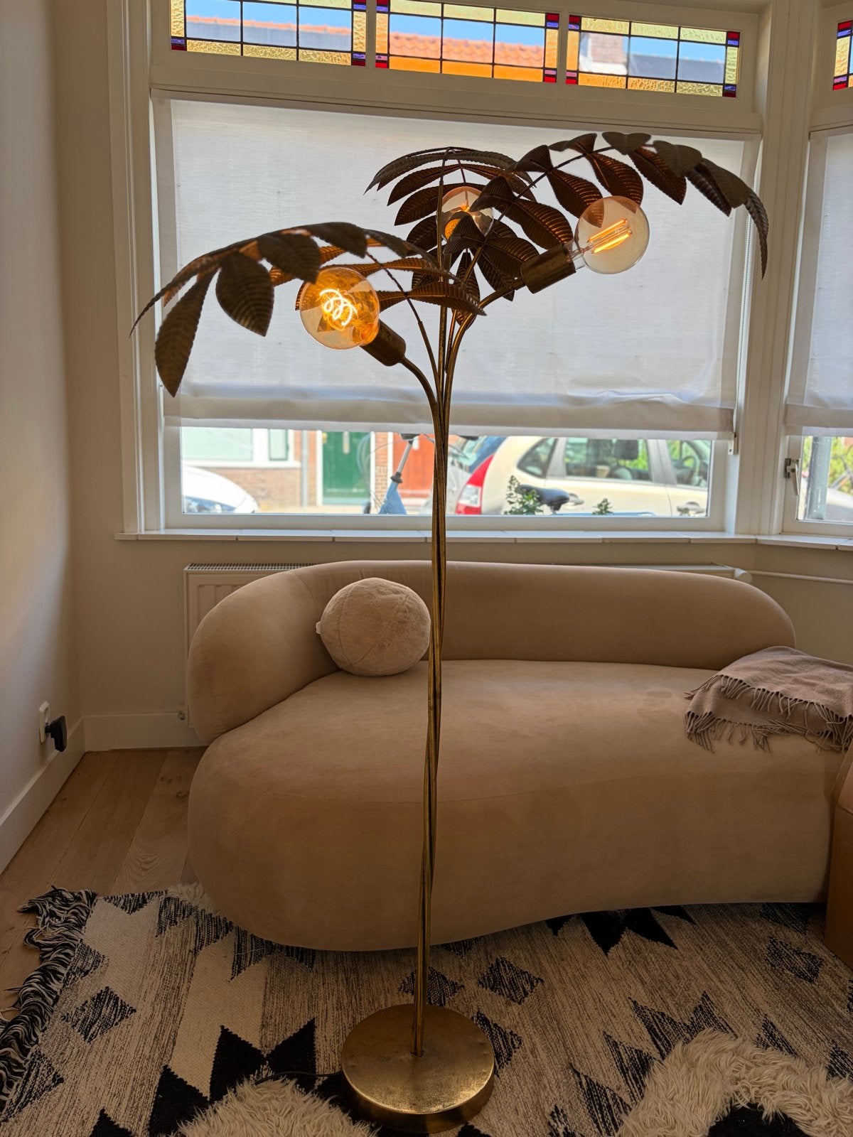 Gouden palmboom vloerlamp met 3 lichtpunten, Ophalen, E27 (groot), Zo goed als nieuw, Metaal