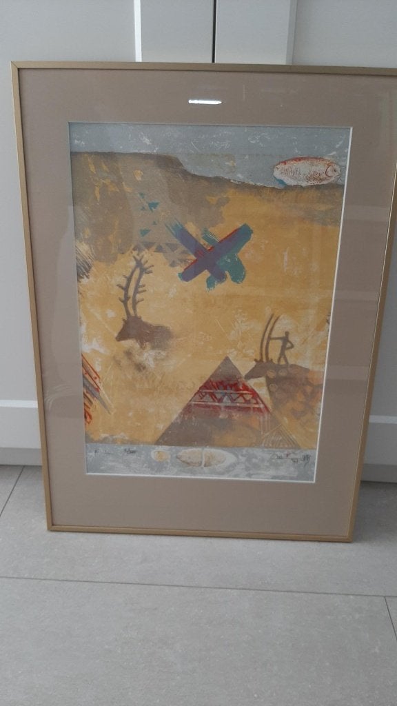 Mooie litho van chabab tayefeh mohajer in lijst (1987), Ophalen, Met glas, Lithografie, Dieren en Natuur