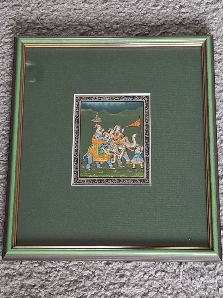 Ingelijst miniatuur schilderij van olifantenparade uit India, Antiek en Kunst, Overige stijlen, Ophalen of Verzenden, Achter glas