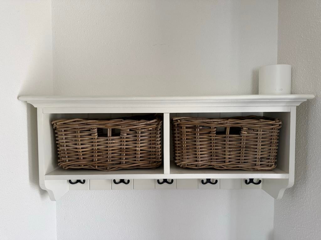 Vestibule kapstok wit met rieten manden Rivièra Maison stijl, Wandkapstok, Gebruikt, Ophalen of Verzenden, Minder dan 100 cm