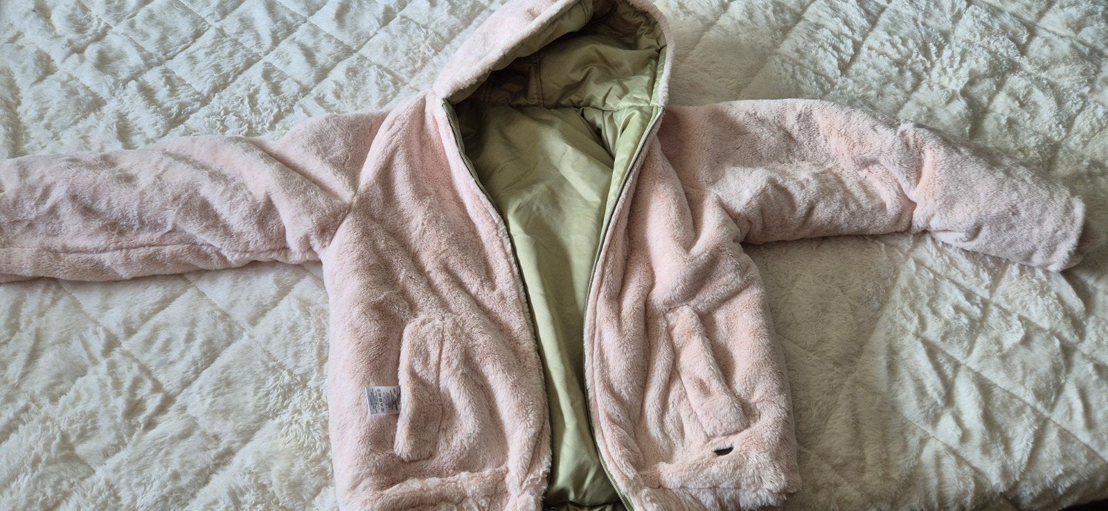 Zoumi Omkeerbare Jas - Roze Teddy & Groen (Maat 176), Ophalen of Verzenden, Zo goed als nieuw, Jas, Jongen of Meisje