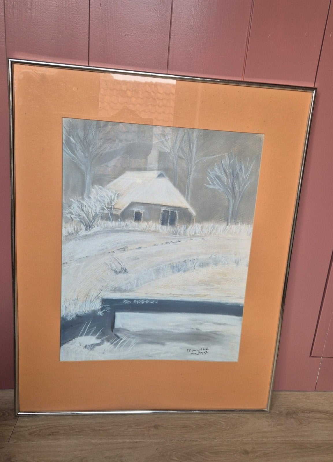 Winterlandschap met huisje - Gesigneerde tekening, Ophalen, Tekening, Potloodtekening, Ingelijst